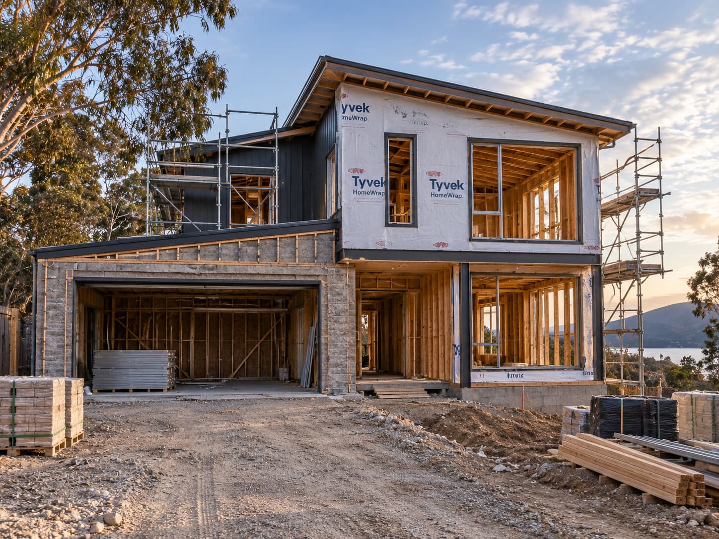 The Derwent under construction by Tasman Crest Homes: timber frame, house wrap and scaffolding on a two-storey home with a skillion roof