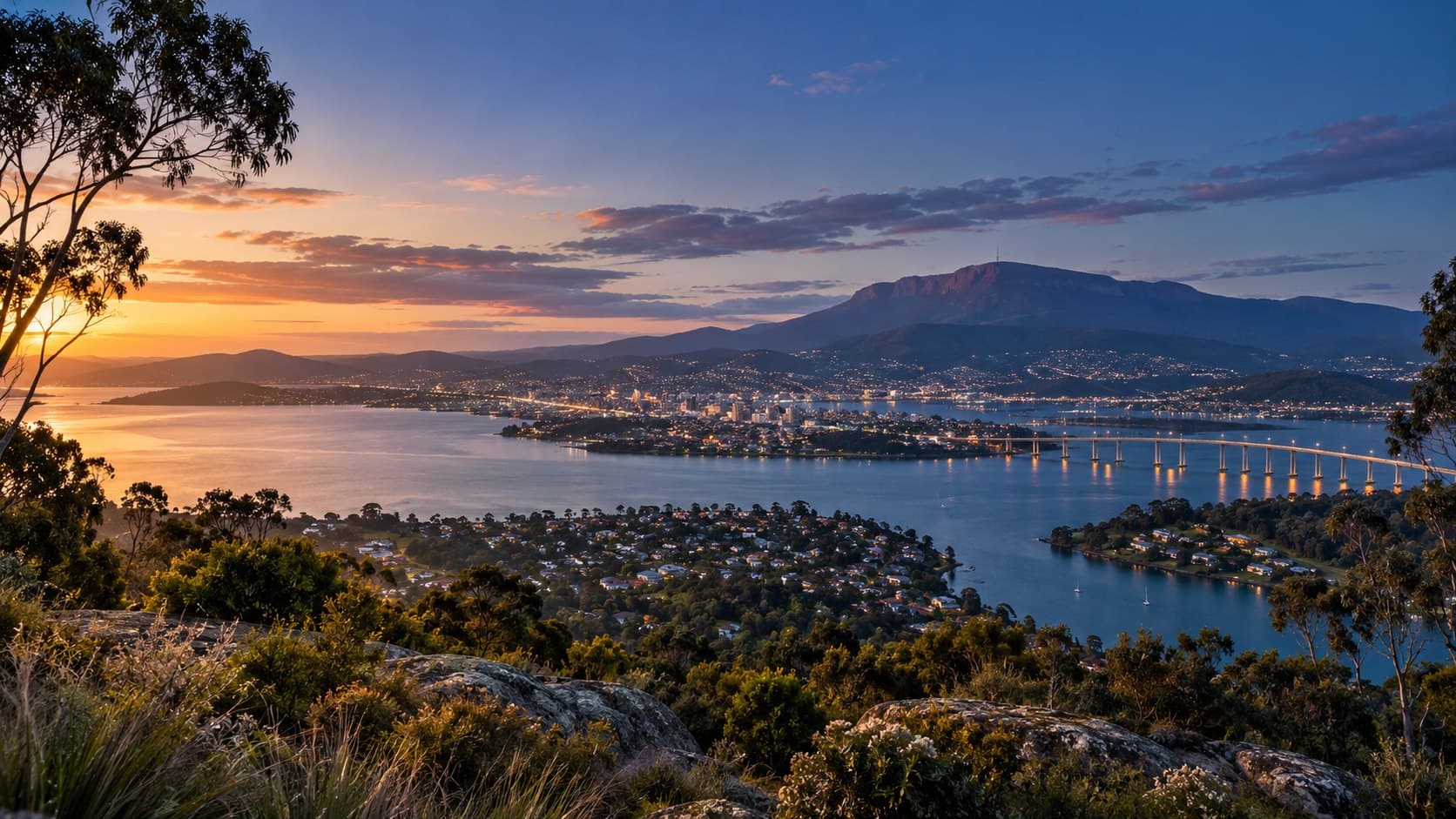 Dusk over the Derwent River, the Tasman Bridge and kunanyi / Mount Wellington
