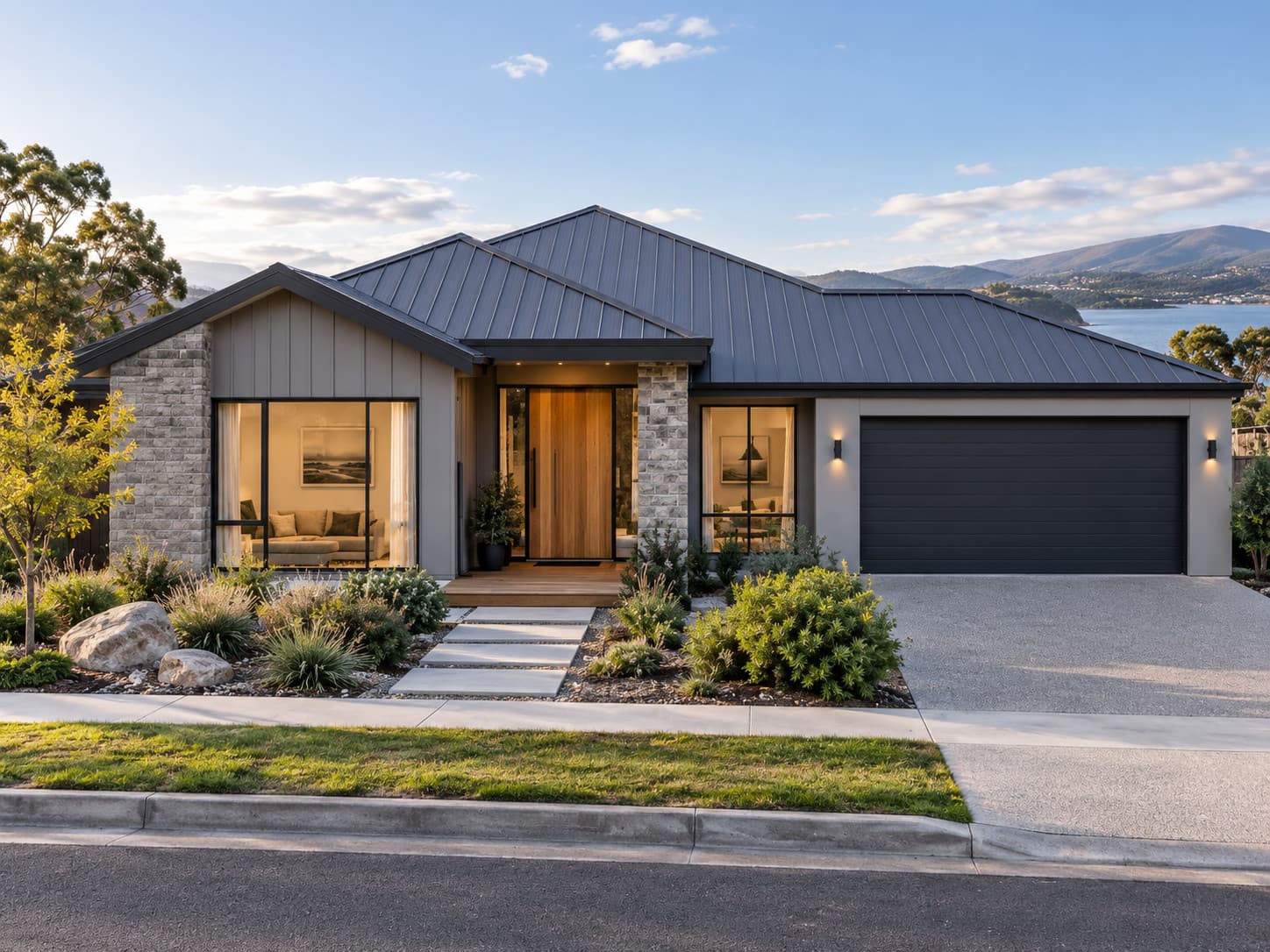 Completed exterior of The Wellington by Tasman Crest Homes: a metal hip roof, stone piers, timber entry door and double garage overlooking the water