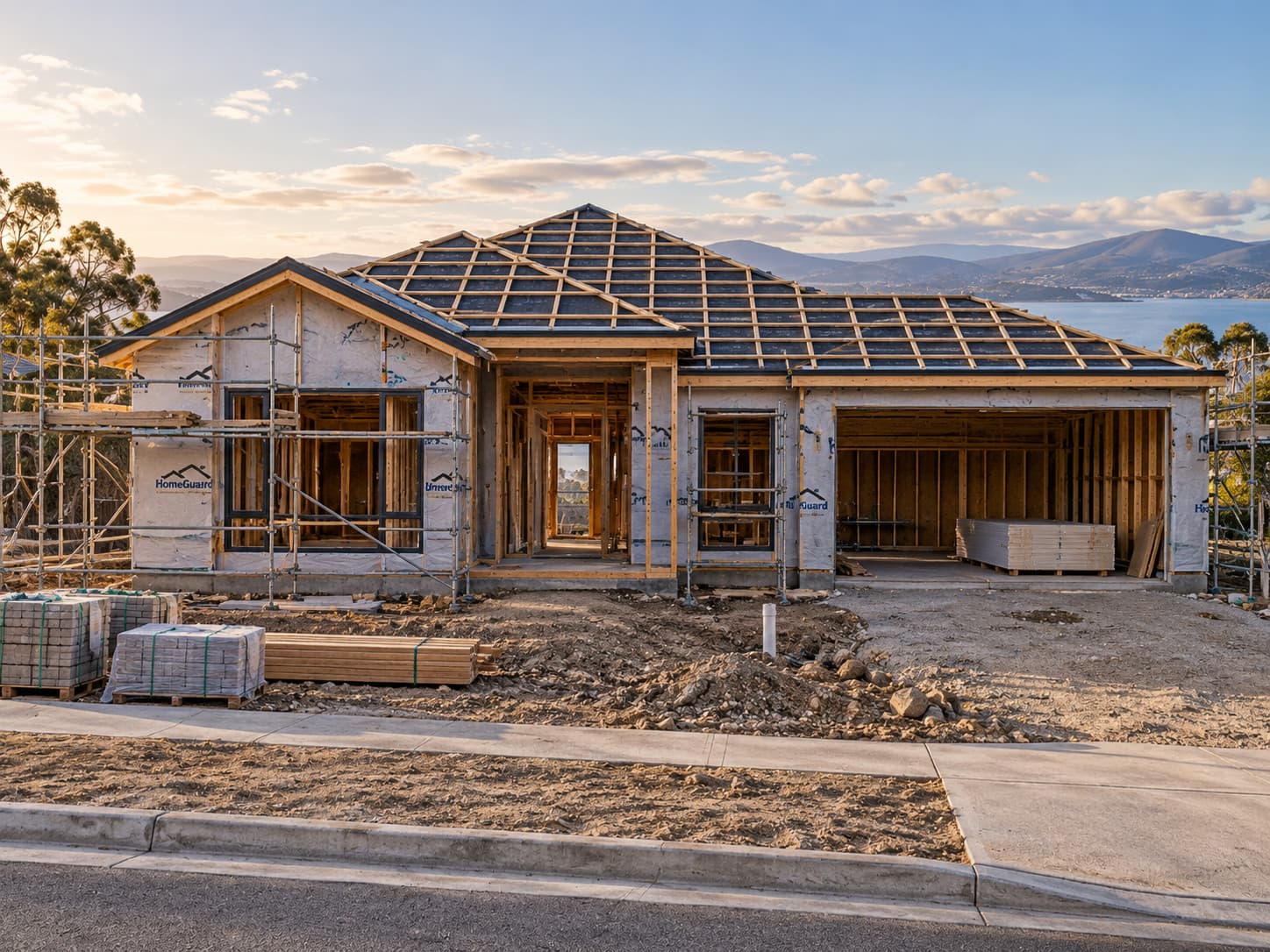 The Wellington under construction by Tasman Crest Homes: roof battens, timber frame and scaffolding on a single-storey home overlooking the water